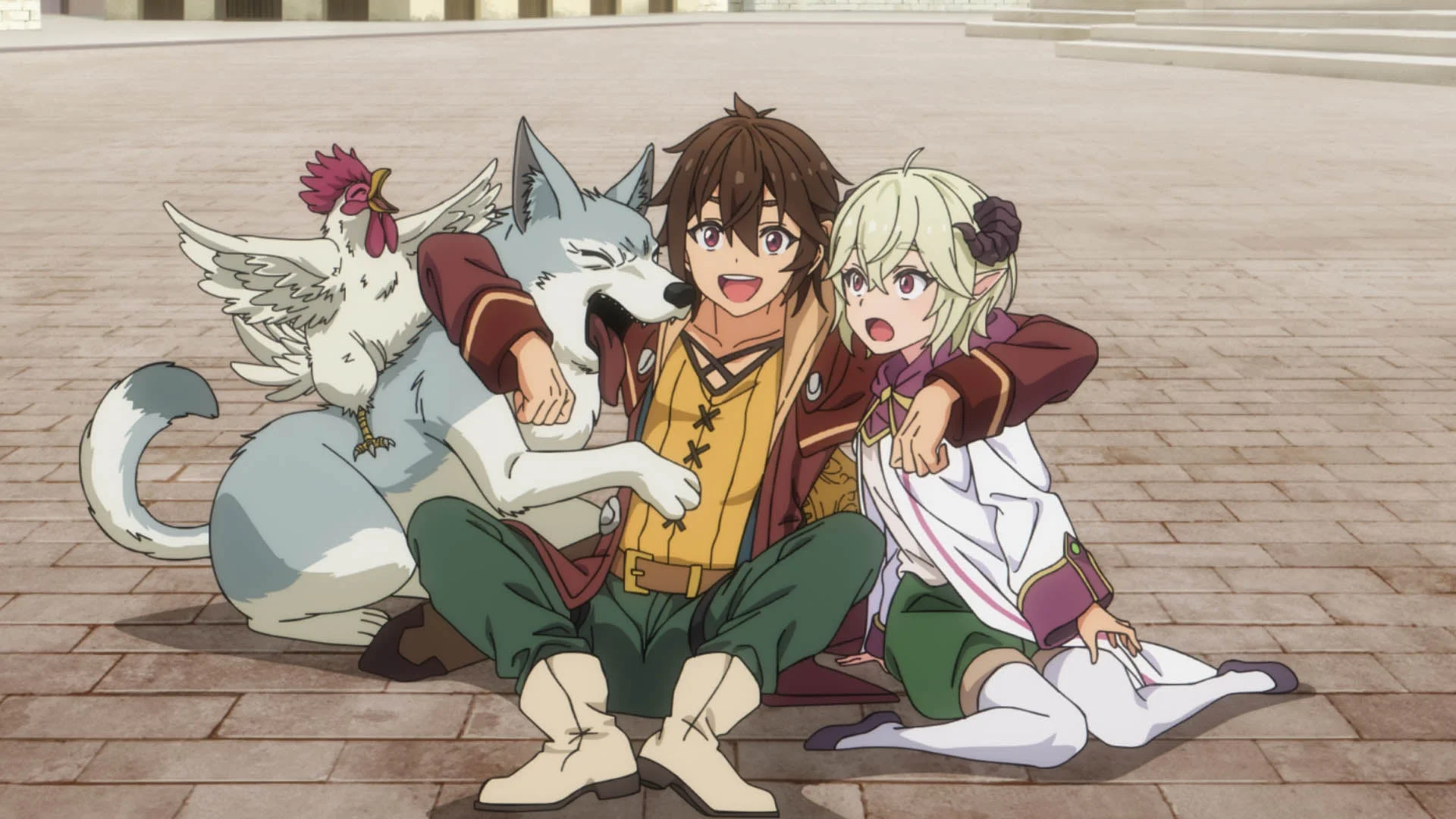アニメのキャラクターたちが屋外の広場で楽しそうに座っている様子です。少年とエルフの少女が、笑顔で狼とニワトリを抱きかかえ、皆が仲睦まじい雰囲気です。