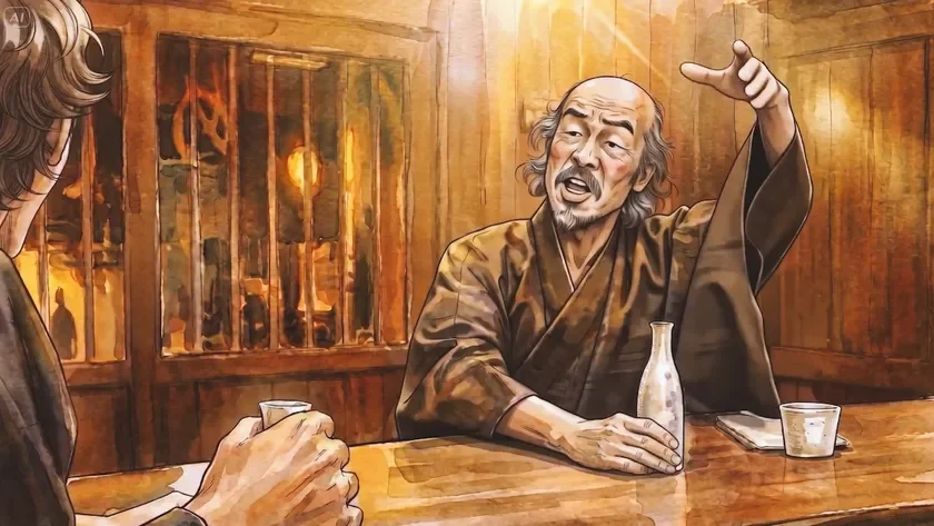 居酒屋のような場所で、着物を着た年配の男性が身振り手振りを交えながら熱心に話しており、相手の男性は聞き入っている様子が描かれている。酒瓶や猪口があり、和やかな飲みの場を表現している。