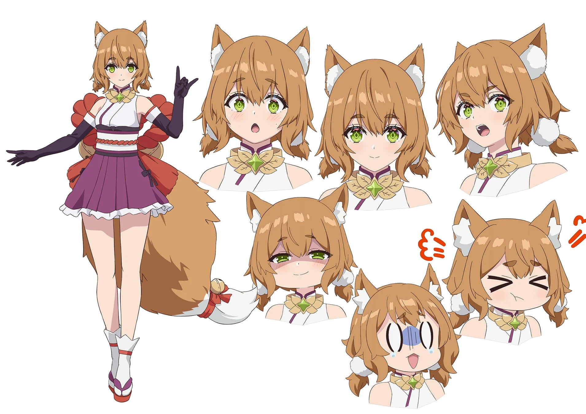 狐耳と尻尾を持つアニメスタイルの少女キャラクターのデザインシートです。和風の衣装を身につけ、全身図と様々な感情を表す表情差分（笑顔、驚き、怒り、困惑など）が描かれており、キャラクターの魅力が伝わる一枚です。