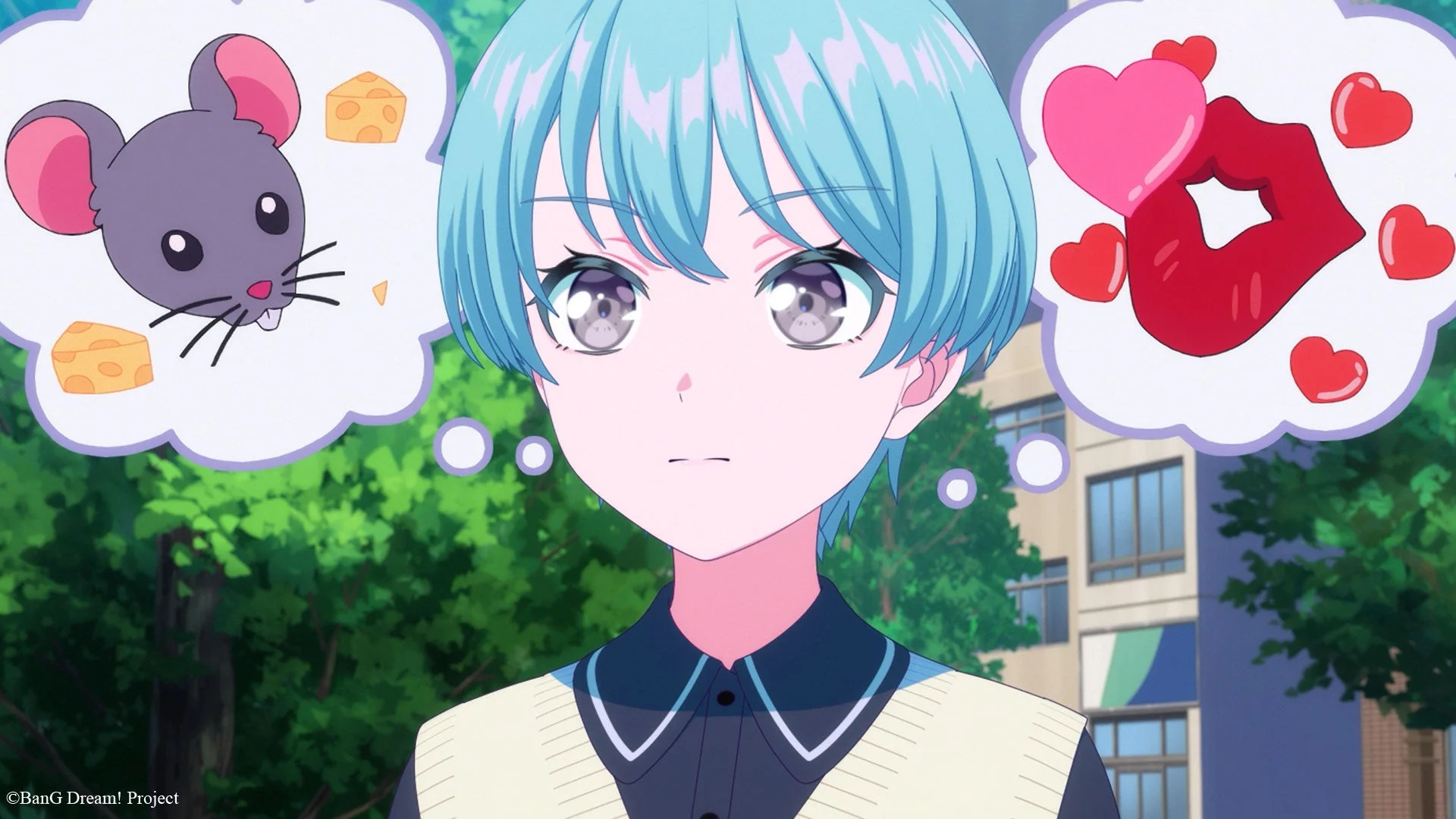 青髪のアニメキャラクターが、ネズミとチーズ、そして赤い唇とハートの二つの思考を巡らせている様子