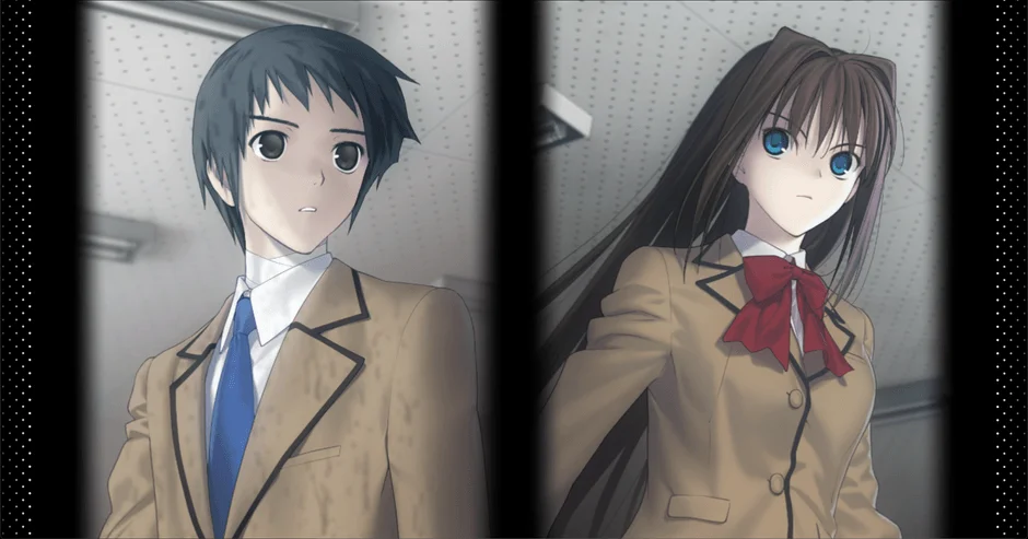 茶色の制服を着た男女の学生が並んで立っているアニメ風のイラスト