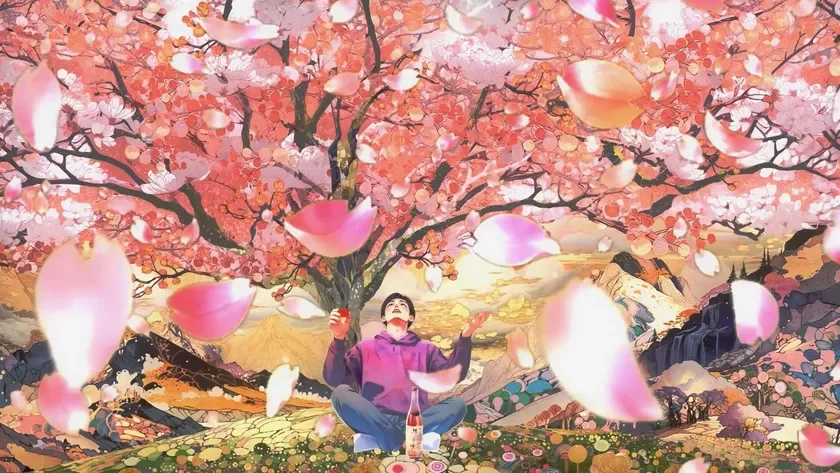 満開の桜の木の下で、舞い散る花びらを見上げる男性を描いた幻想的なイラスト。鮮やかなピンク色の桜と、その下に座り桜をテーマにした飲み物を持つ男性が、夢のような春の情景を醸し出しています。