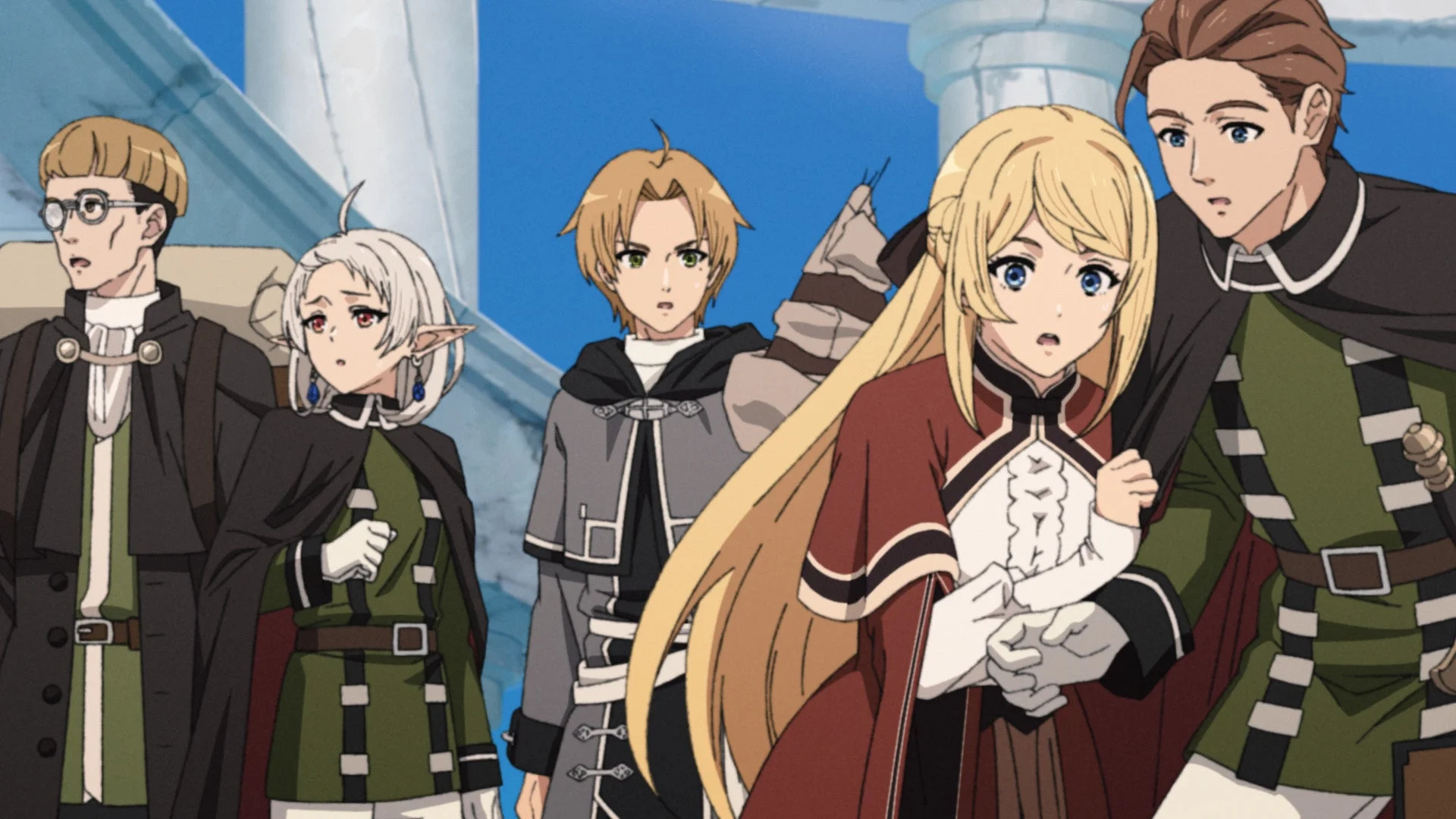 アニメスタイルのキャラクター6人が、驚いた表情で一方向を見つめています。ファンタジー風の衣装を身につけた彼らは、エルフも含まれ、何かに警戒している様子がうかがえます。