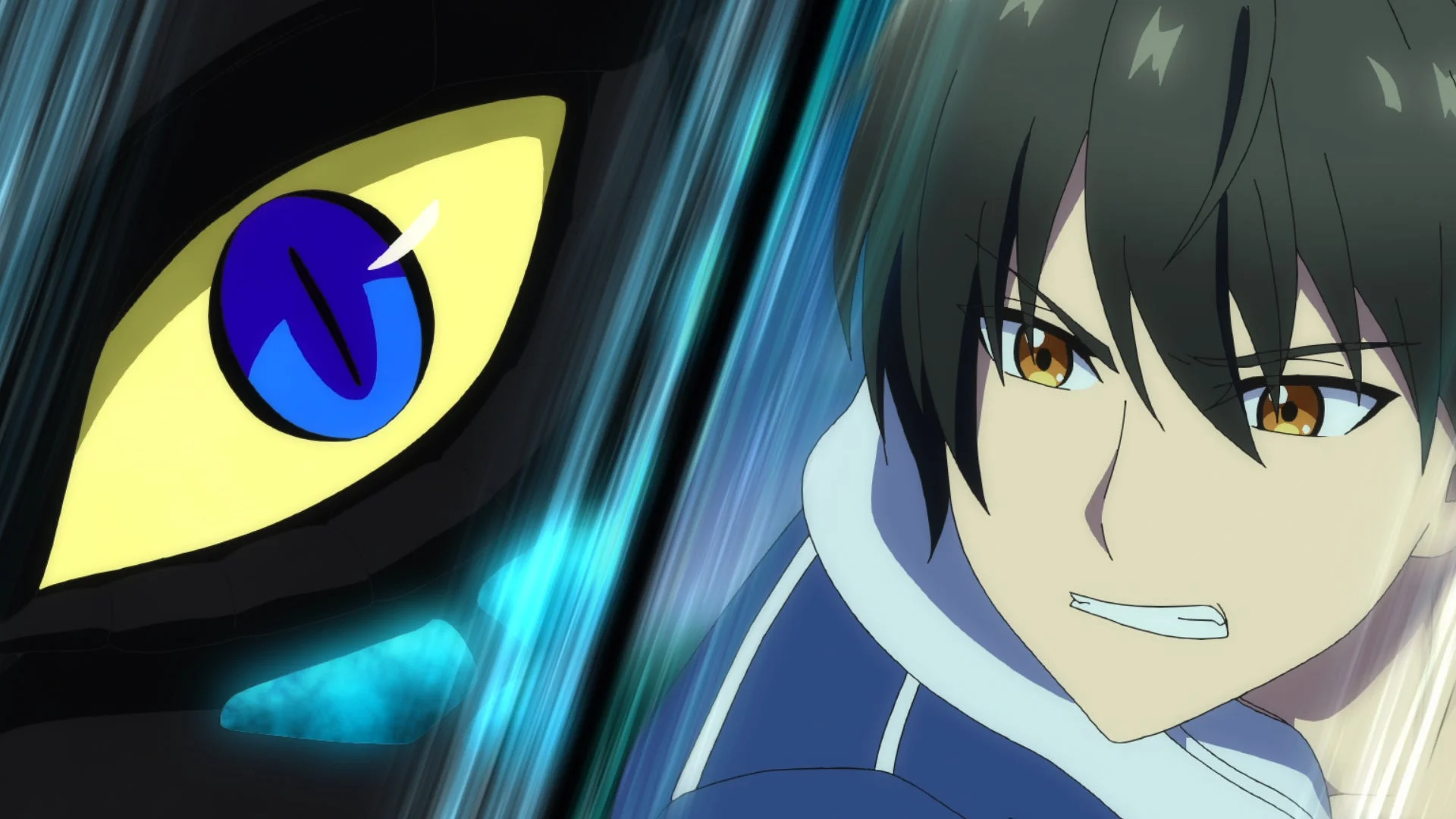 激しい表情の男性アニメキャラクターが、左に映る巨大な黄色い目と対峙するシーン。