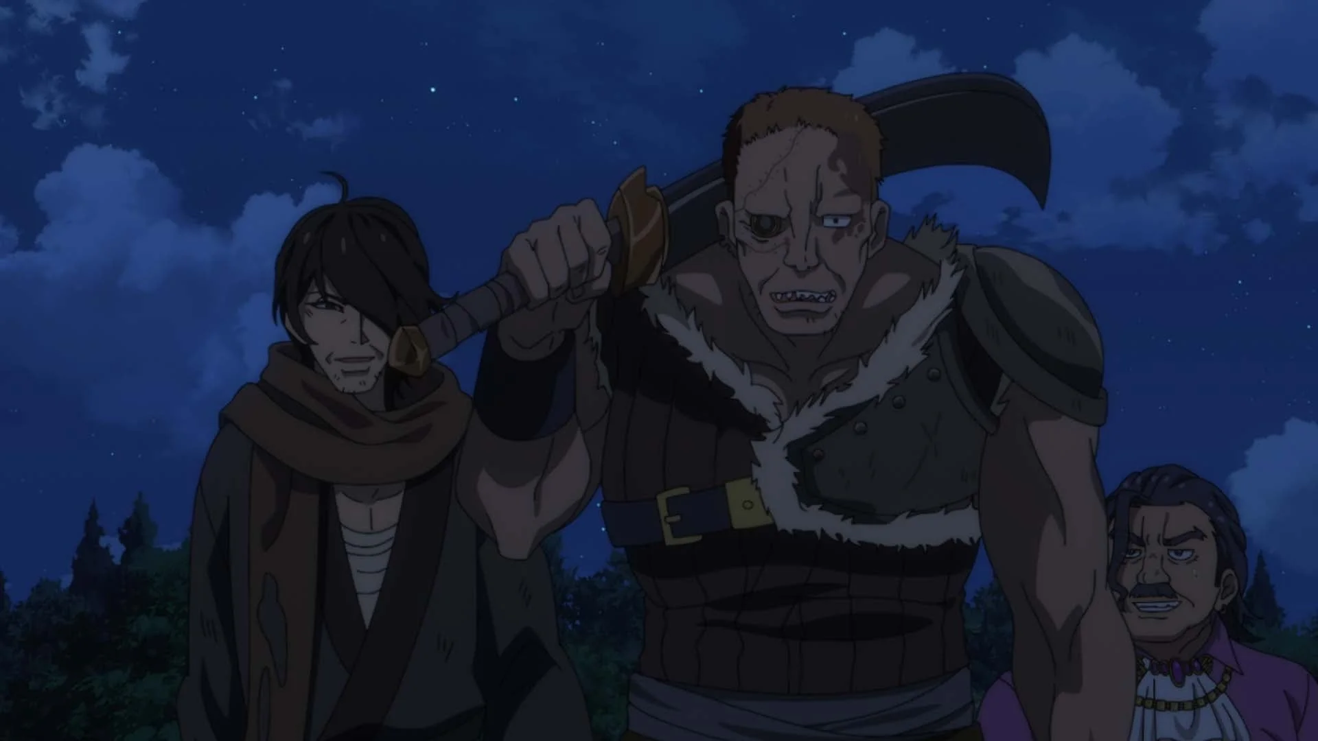 夜の屋外で、3人の男性アニメキャラクターが立っている。中央の屈強な男は大きな剣を肩に担ぎ、左の男は穏やかな表情で、右の男は不敵な笑みを浮かべている。背景には星が輝く夜空と木々が見える。