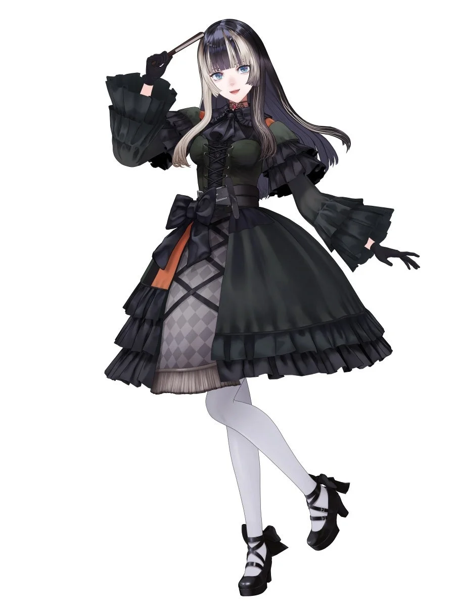 ゴシックロリータ風の黒いフリルドレスを着用したアニメ風の少女の全身イラスト