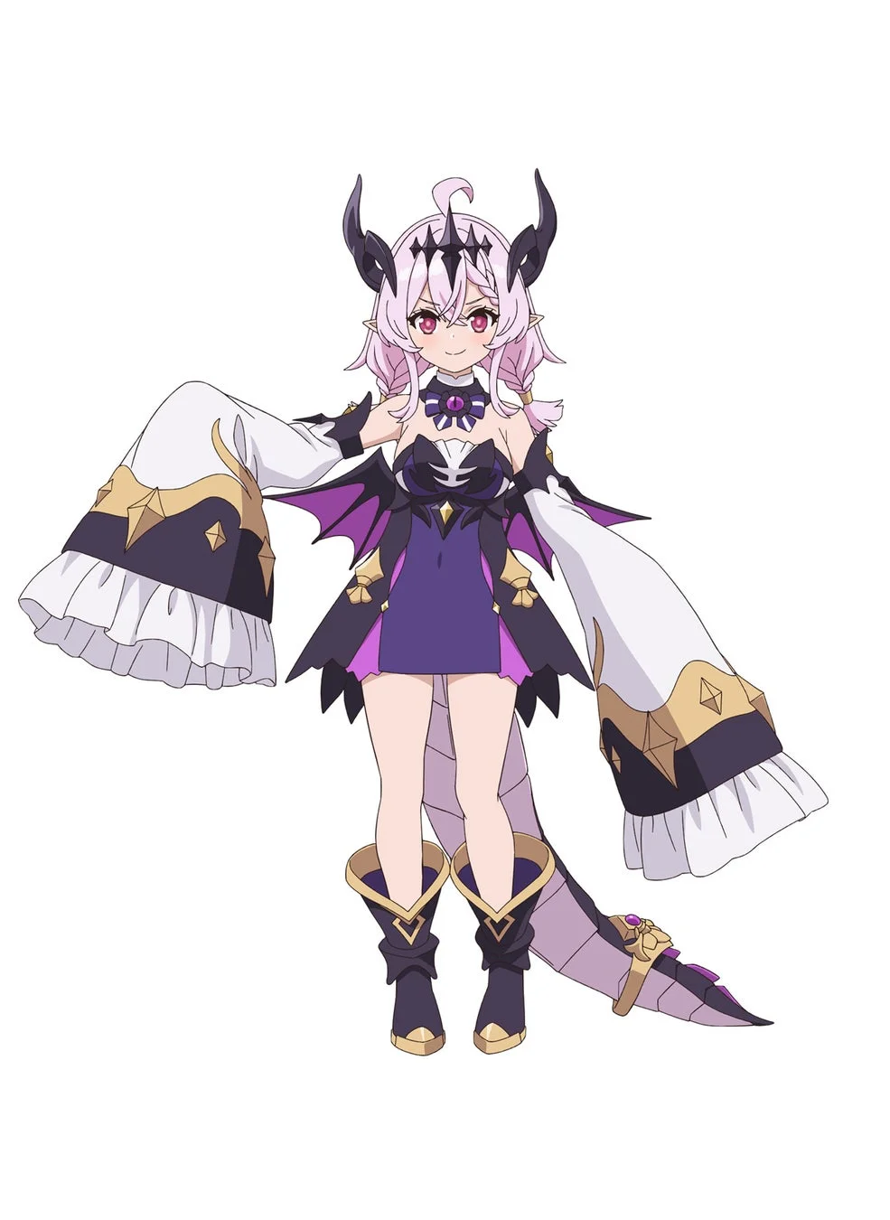 ピンク色の髪と角、尻尾を持つ可愛らしいアニメ調の少女が、紫を基調としたファンタジー風の衣装を着用して立っている全身イラストです。背景は白一色です。