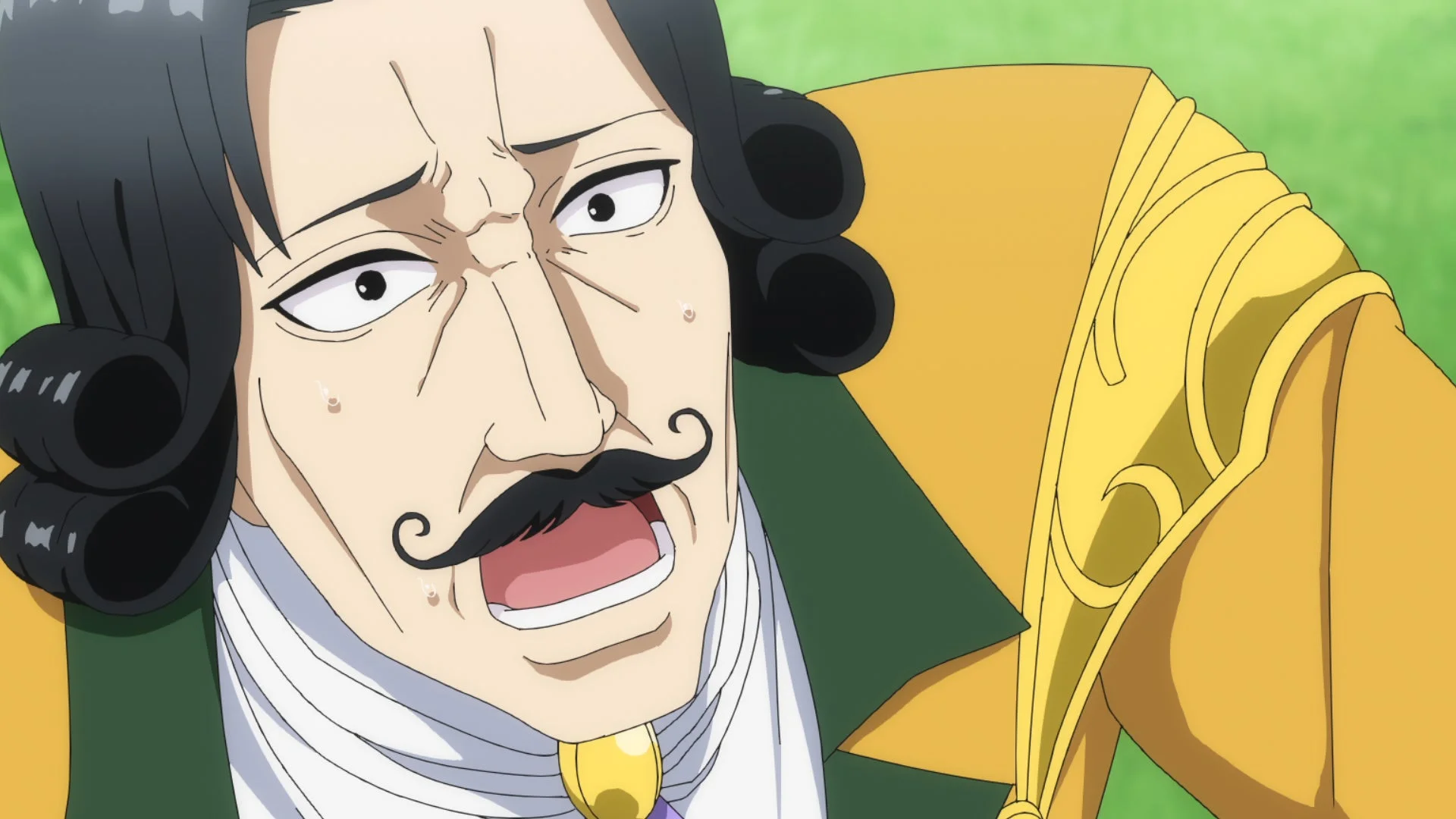 口ひげを生やしたアニメキャラクターが驚きや困惑の表情