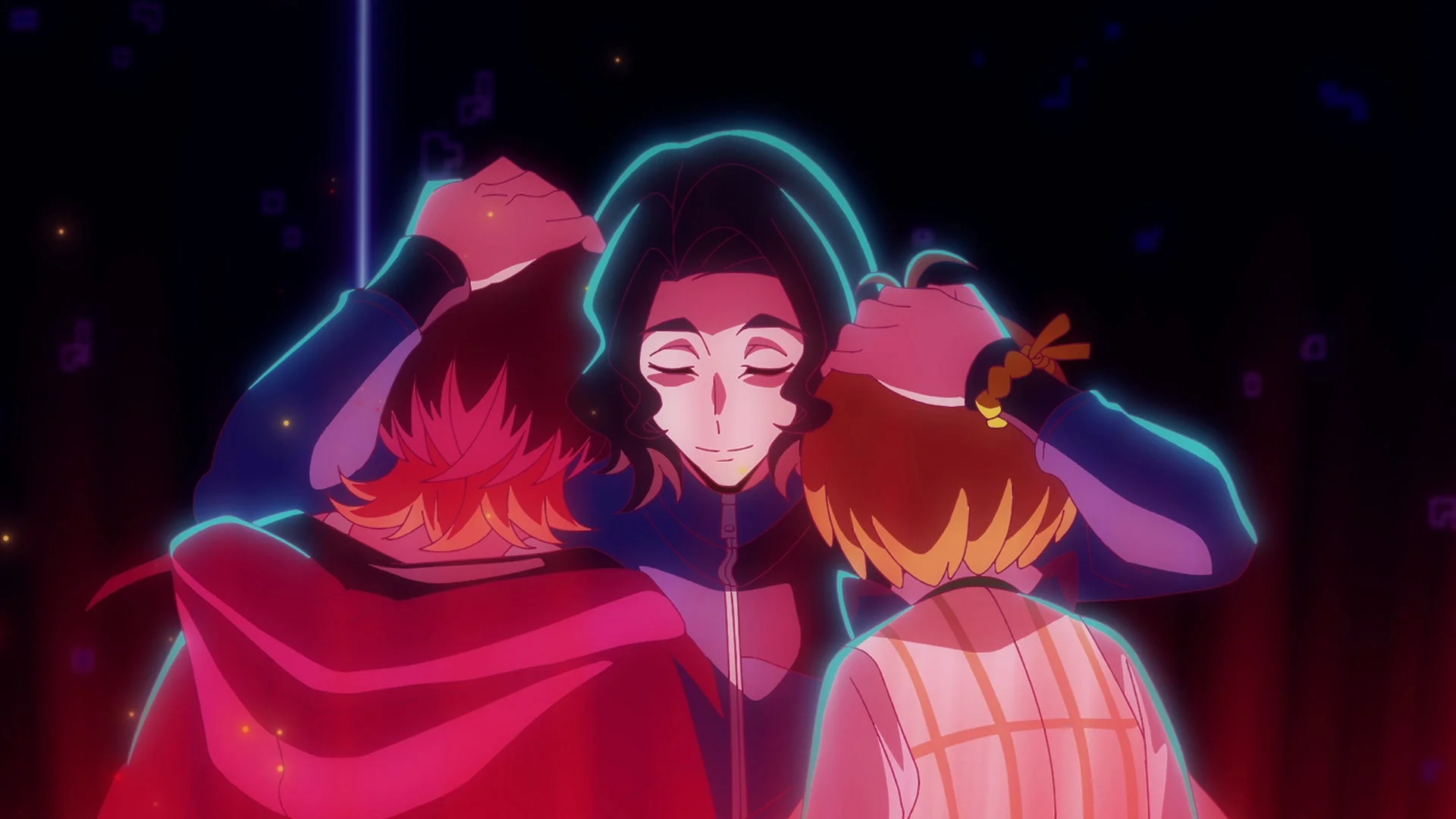 ネオンのような光に縁取られた3人のアニメキャラクターが描かれている。中央の人物が両側の人物を優しく抱きしめ、感動的な絆を感じさせる。