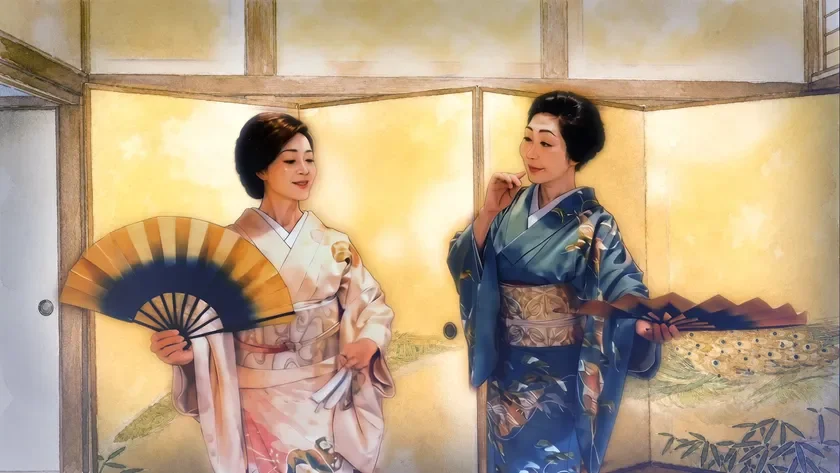 二人の着物姿の日本人女性が、扇子を持ちながら和室で談笑している様子を描いた絵です。伝統的な美しさと穏やかな雰囲気が感じられます。