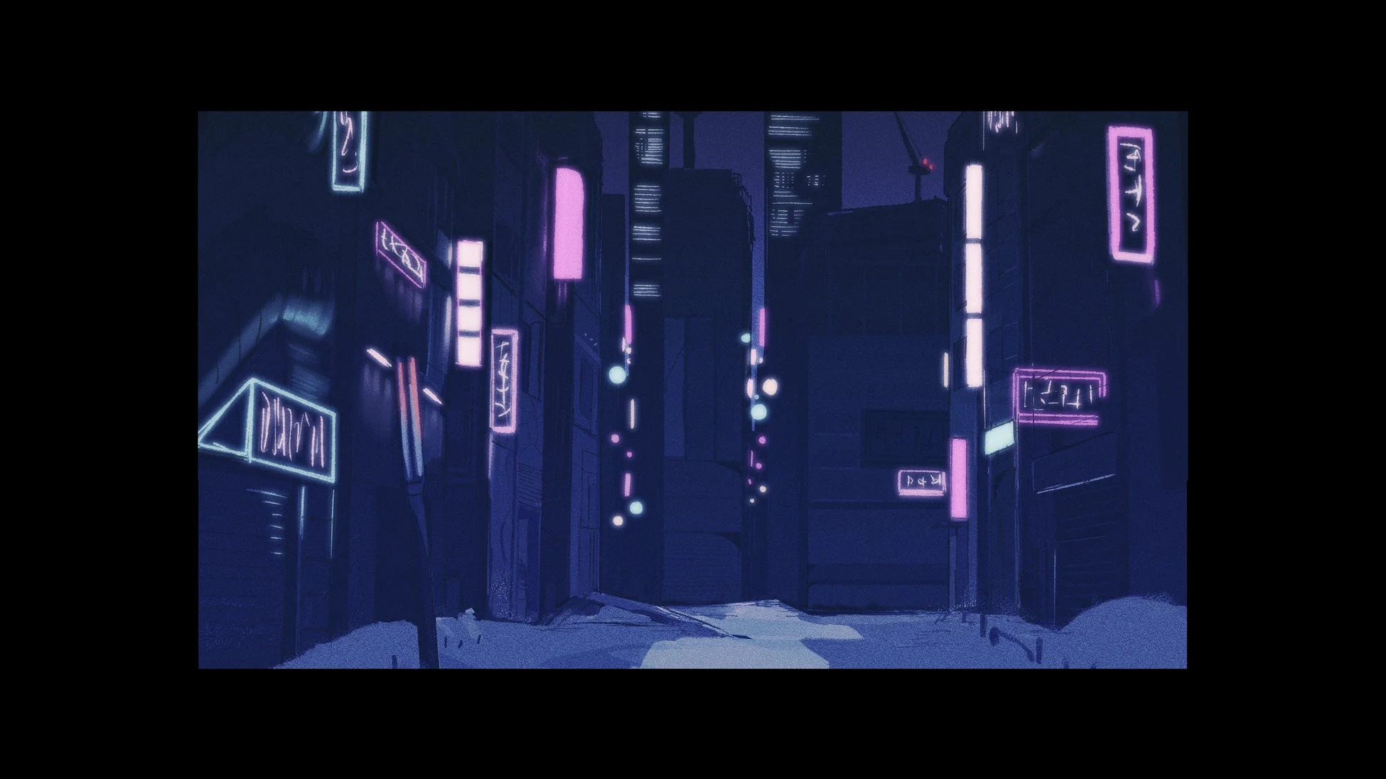 紫や青のネオンサインが輝く、夜の都市の路地を描いたイラストです。暗いながらも鮮やかな光が印象的で、サイバーパンクや未来的な雰囲気を醸し出しています。