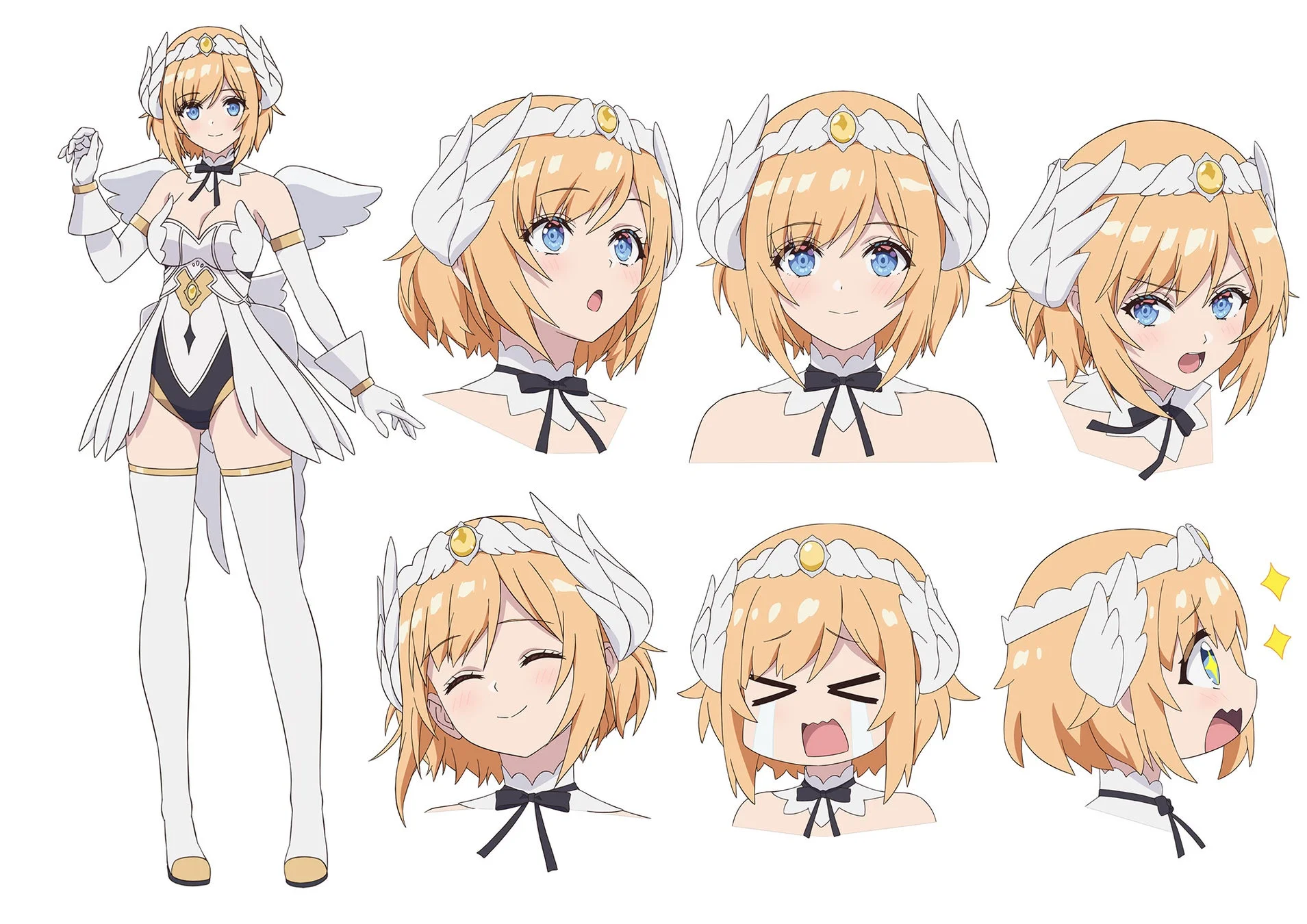 金髪と青い目のアニメ風の少女キャラクターデザインシートです。白い天使のような衣装を着用し、全身図と様々な表情（笑顔、驚き、怒り、泣き顔、困惑など）が描かれています。