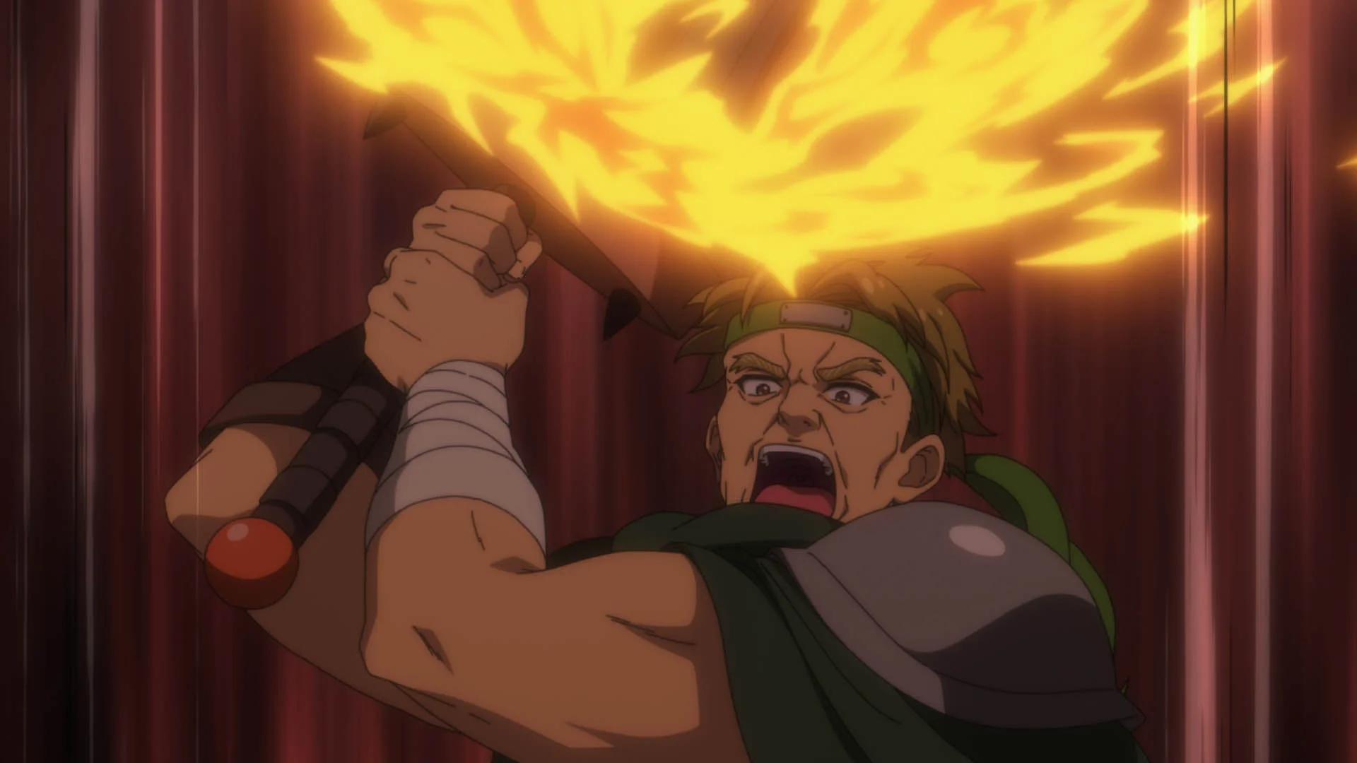 アニメの男性キャラクターが、炎のようなエネルギーを放つ武器を振りかざし、力強く叫んでいる瞬間。緑の鉢巻と肩当てを身につけ、激しい戦闘の様子が描かれている。
