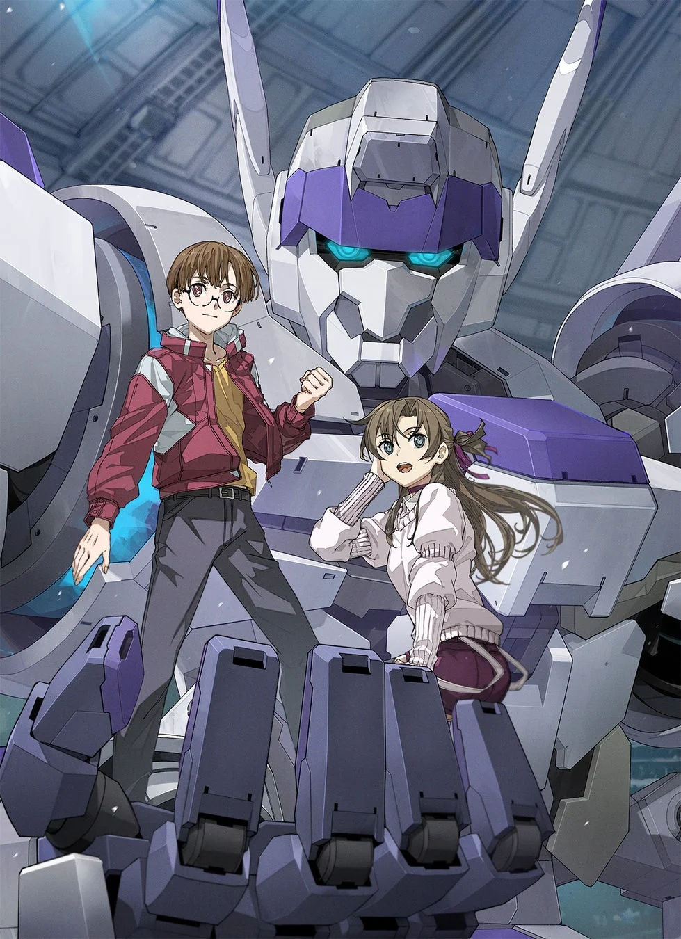 巨大なロボットの手のひらに立つ少年と少女が描かれたイラスト