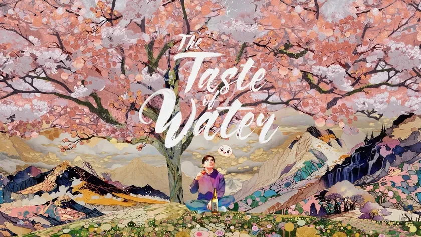 満開の桜の木の下で男性が飲み物を飲む、色彩豊かなイラストです。幻想的な山々や花々が周囲に広がり、「The Taste of Water」というタイトルが添えられた、静かで美しい情景が描かれています。
