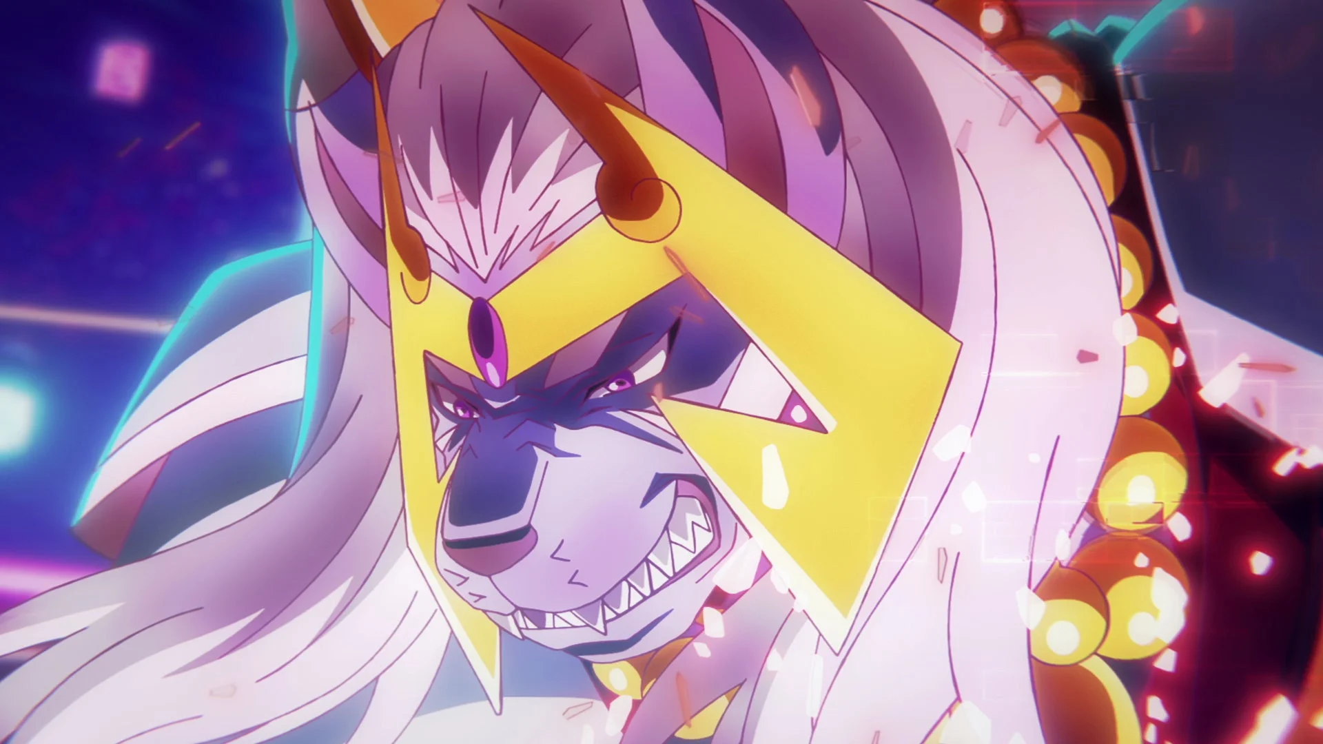 アニメ調の獣人キャラクターが描かれた画像です。白い毛並みに金色の装飾を施した頭飾りをつけ、鋭い牙を見せており、力強く威厳のある表情をしています。背景はサイバーパンク風で、紫色と青色の光が輝いています。