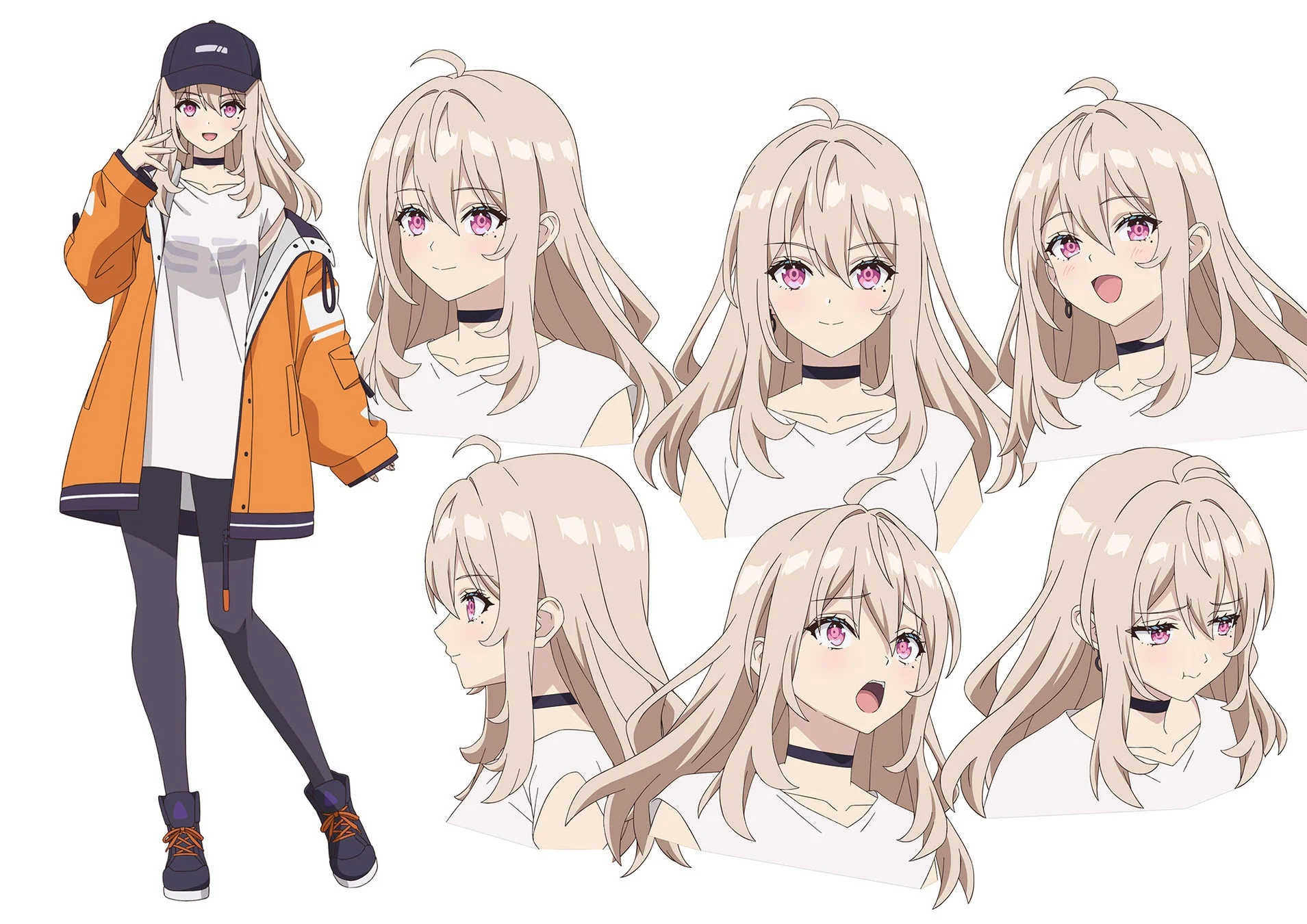 キャップとオレンジ色のジャケットを着用した金髪の女の子のアニメキャラクターデザインです。全身像に加え、笑顔や驚き顔、困り顔など複数の表情差分が描かれており、キャラクターの多様な表現が示されています。
