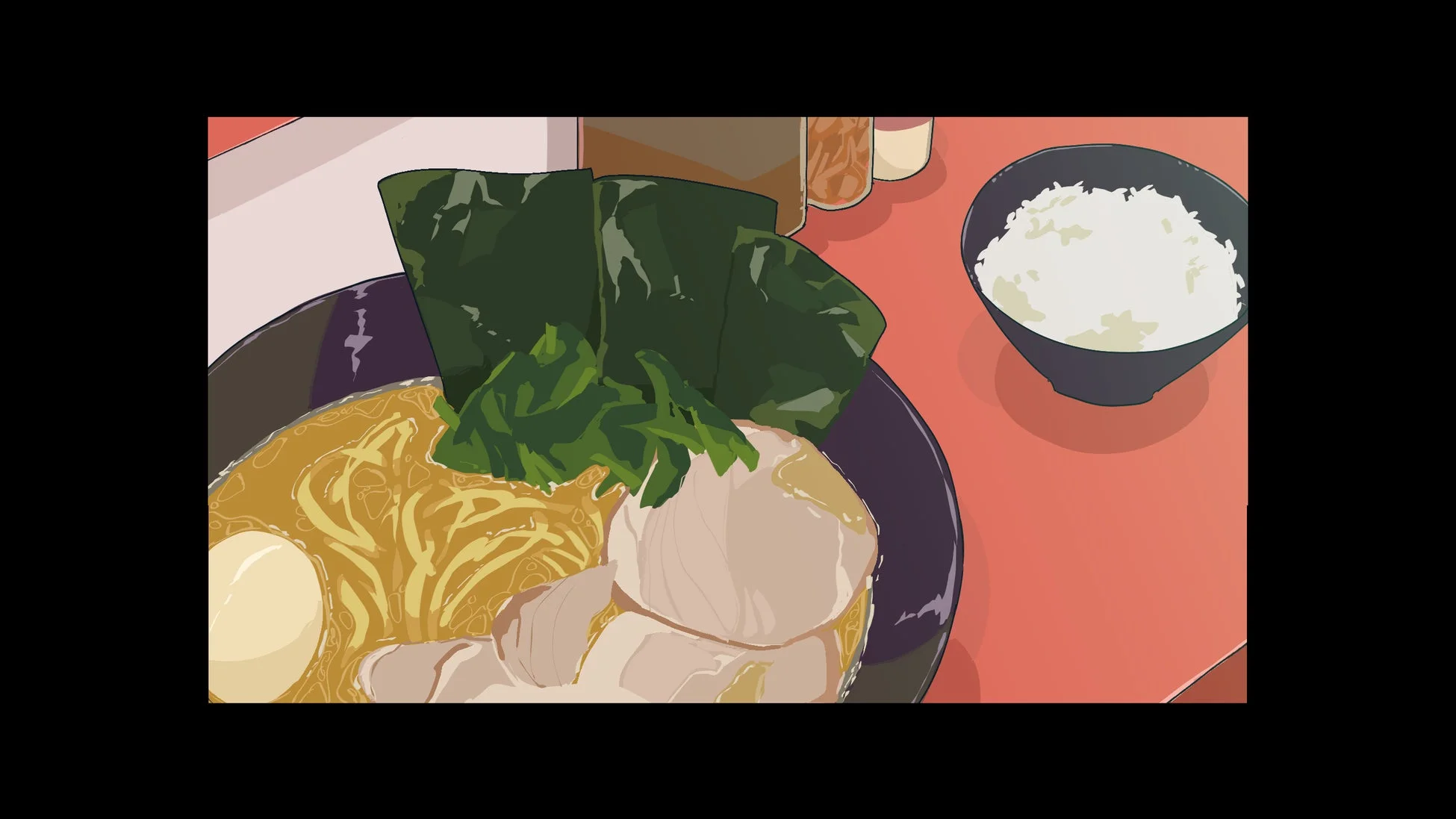 ラーメンとご飯が食卓に並べられたイラストです。ラーメンには麺、チャーシュー、卵、海苔、ほうれん草が盛り付けられており、隣には白いご飯の小鉢があります。