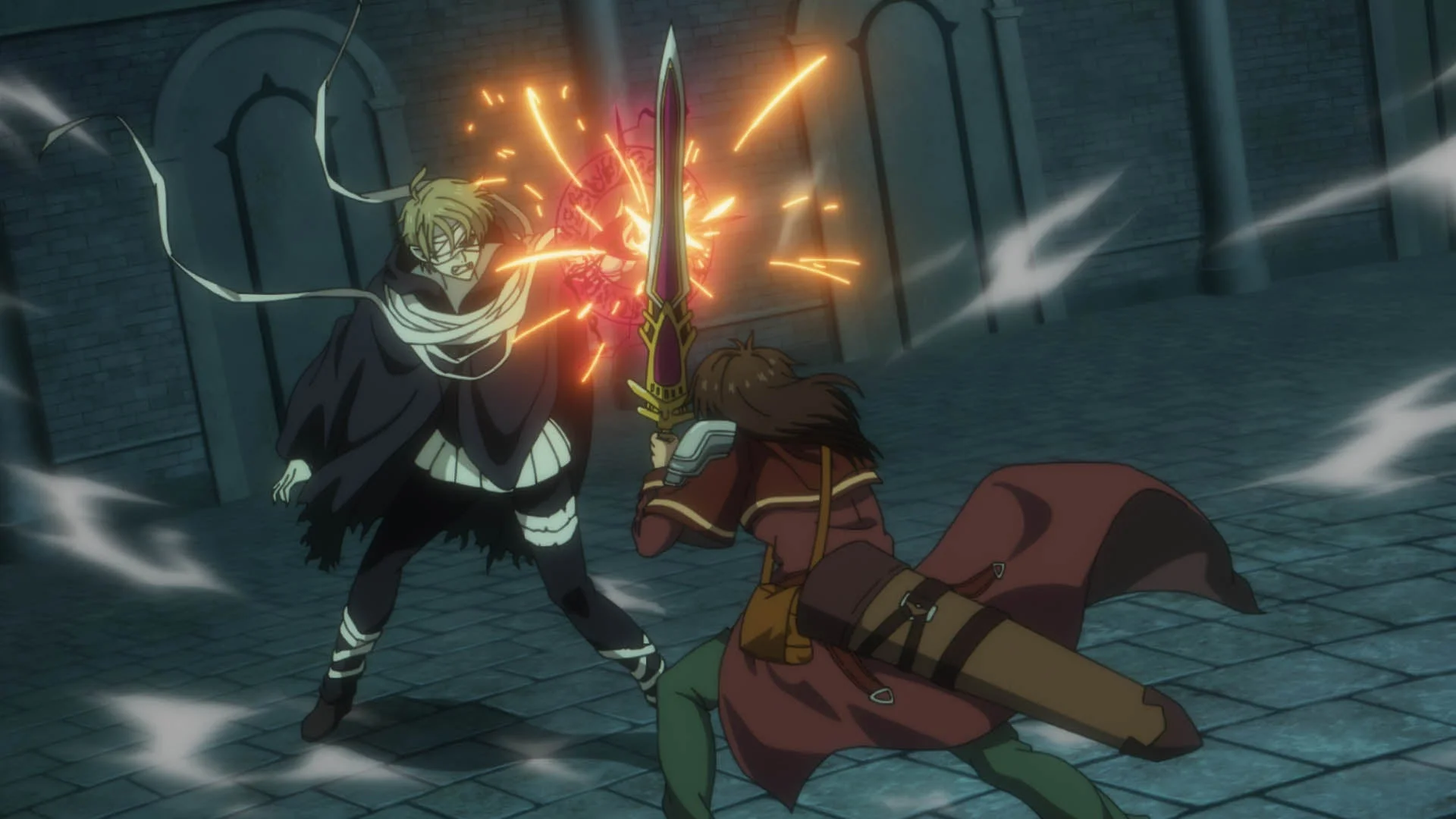 2人のアニメキャラクターが激しい戦闘を繰り広げているシーン。包帯を巻いたキャラクターが魔法を放ち、もう一人のキャラクターが剣で受け止めている。魔法と剣がぶつかり合い、鮮やかな火花が飛び散る緊迫した瞬間が描かれている。