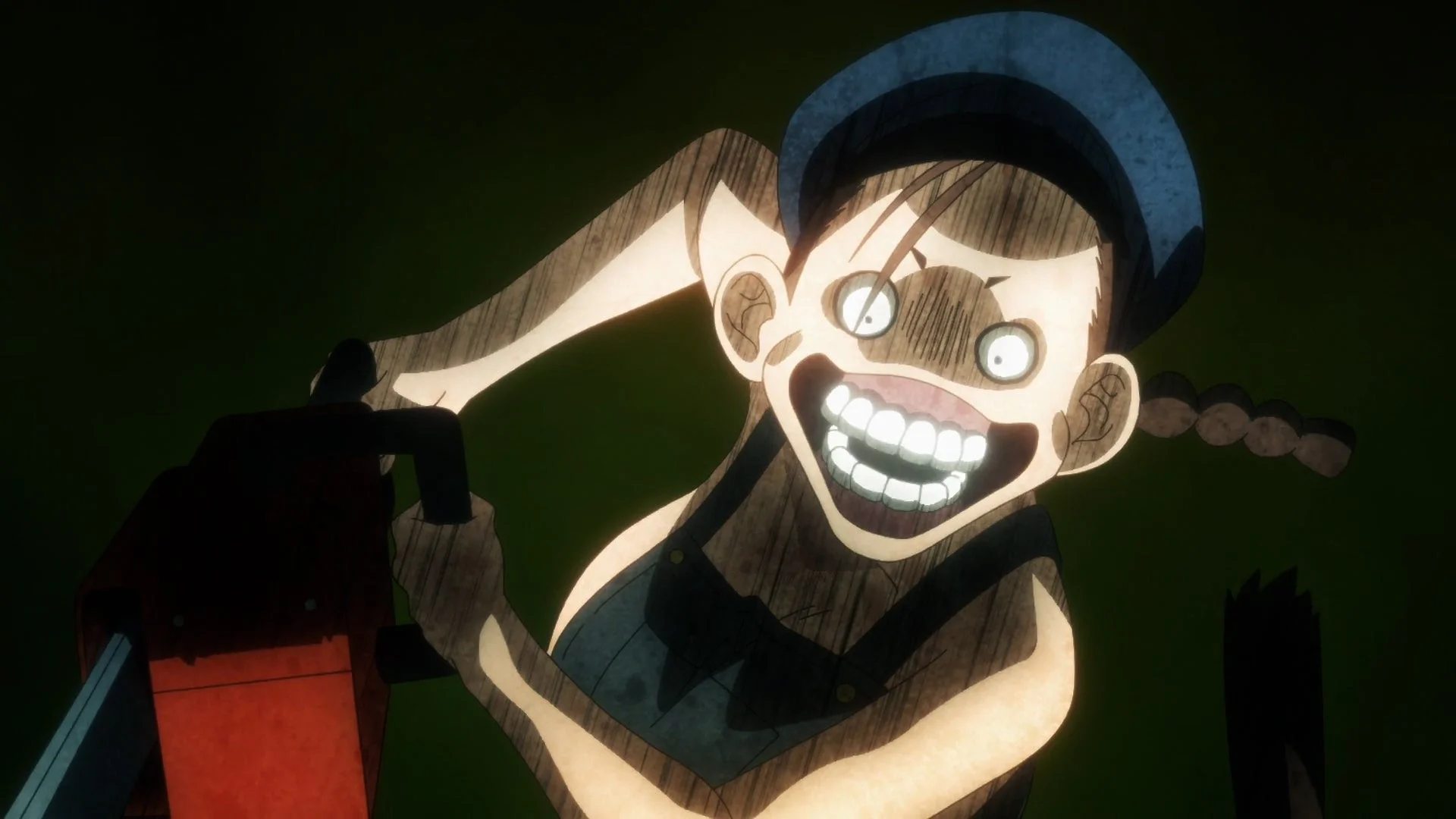 暗闇の中で、狂気に満ちた表情で大きく口を開けて笑うアニメキャラクター