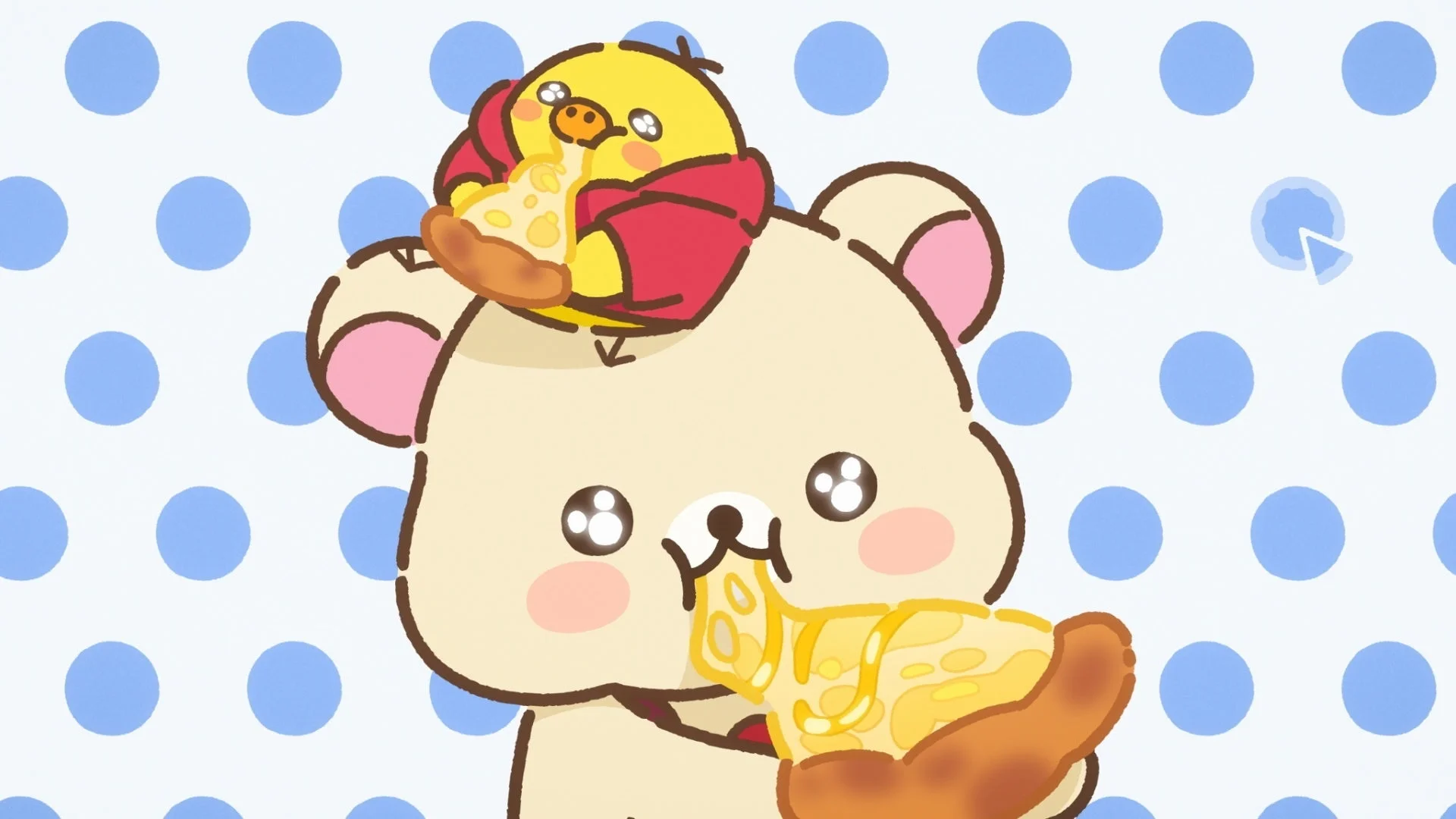 ピザを食べるクマとヒヨコ