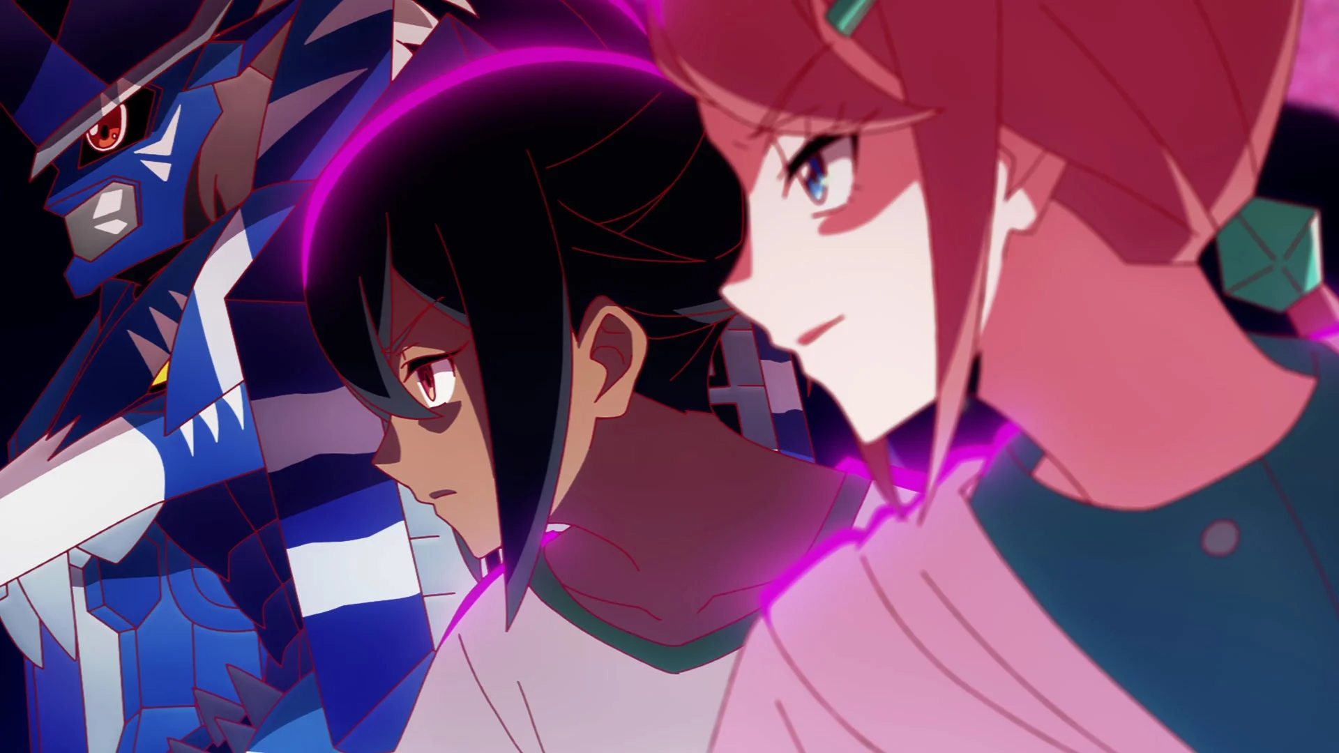 紫色のオーラを放つ3人のアニメキャラクター。左に青いロボット、中央に黒髪の少年、右にピンク髪の少女が並び、皆真剣な表情を浮かべている。