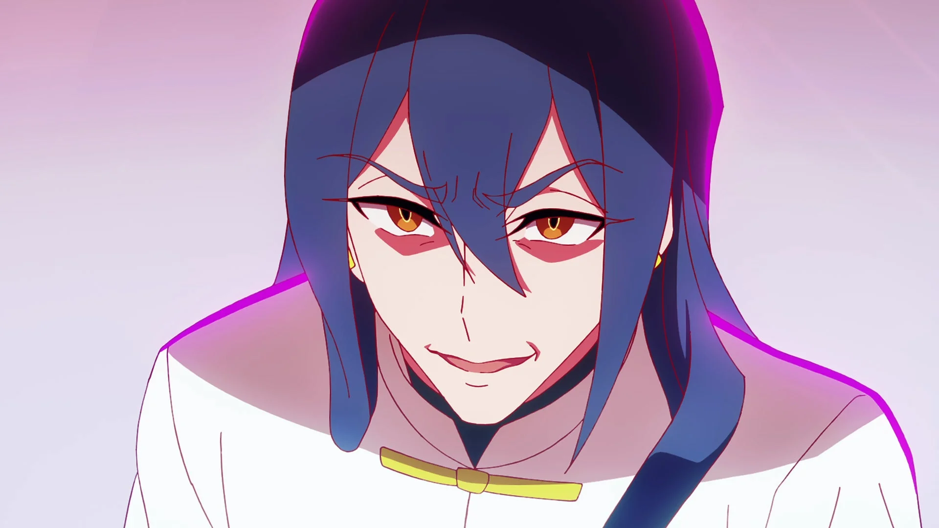 青い髪のキャラクターが、不敵な笑みを浮かべながらこちらを見つめているアニメ調の画像です。