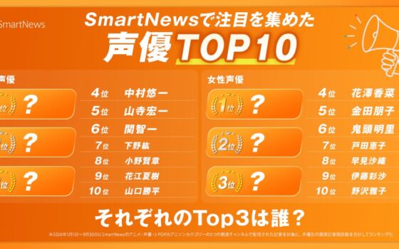 「アニメの日」に合わせSmartNewsが声優ランキング男女別TOP10を発表　女性1位は井口裕香、男性1位は津田健次郎